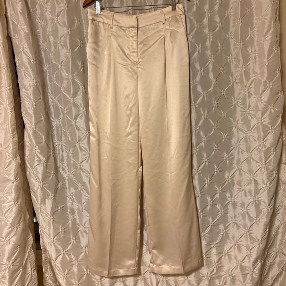 House of Harlow 1960 Satin Wide Leg Charlie Pants Champagne Ivory Tan Flare - Picture 2 of 11